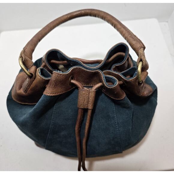Anabaglish Suede/Leather Drawstring Hobo Shoulder Bag Purse Teal with Brown Trim - Picture 9 of 15